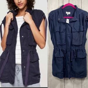 Lou & Grey Navy Blue Tencel Linen Utility Vest Jacket Hooded XS Coastal Chic